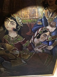 Ecole qajar: Les servantes de Zulaykha se mutilent en pr&eacute;sence de Yusuf, huile sur toile, Iran, 19&egrave;me