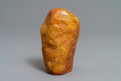 A Chinese carved Shoushan soapstone boulder with landscape design, 19/20th C.