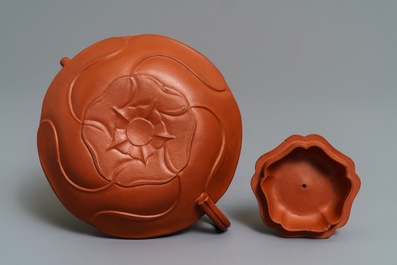 A Chinese Yixing stoneware flower-shaped teapot, Kangxi