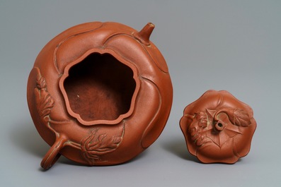 A Chinese Yixing stoneware flower-shaped teapot, Kangxi