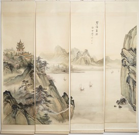 Four Chinese scroll paintings forming a large landscape, 20th C.