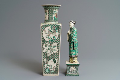 A Chinese verte biscuit figure on stand and a square vase, Kangxi and later