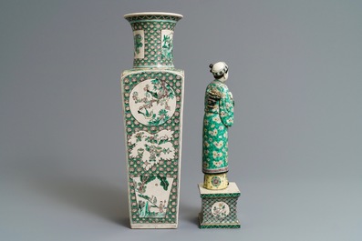 A Chinese verte biscuit figure on stand and a square vase, Kangxi and later