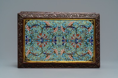 A rectangular Chinese cloisonn&eacute; and wood box, 19th C.