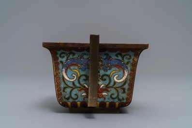 A square two-handled Chinese cloisonn&eacute; censer, Qianlong mark and of the period