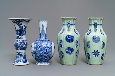 Four Chinese celadon-ground and blue and white vases, 19/20th C.