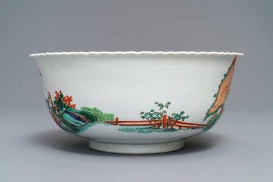 A large Chinese famille verte 'warriors' bowl, 19th C.
