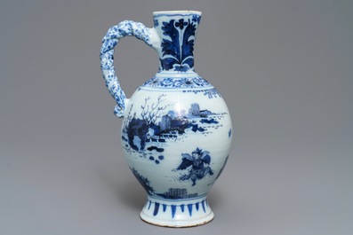 A large Dutch Delft blue and white chinoiserie jug, late 17th C.