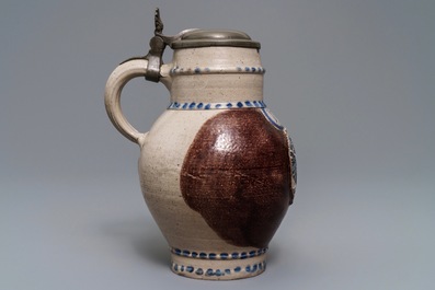 A pewter-mounted Westerwald stoneware 'Double Eagle' jug, Germany, dated 1770
