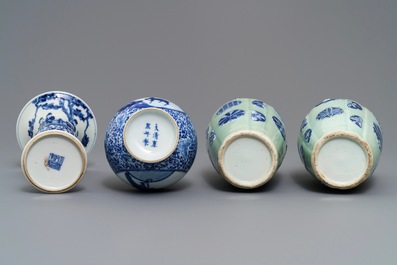 Vier Chinese blauwwitte en celadon vazen, 19/20e eeuw