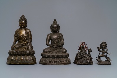Four various Chinese and Tibetan bronze figures, 18/19th C.