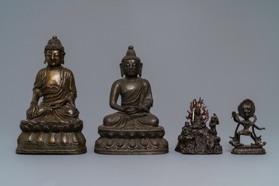 Four various Chinese and Tibetan bronze figures, 18/19th C.