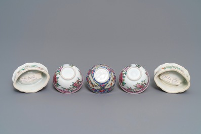 Three Chinese famille rose cups and saucers and a pair of salts, Qianlong and later