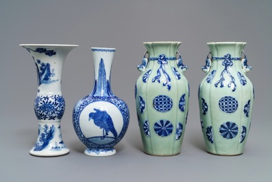 Four Chinese celadon-ground and blue and white vases, 19/20th C.