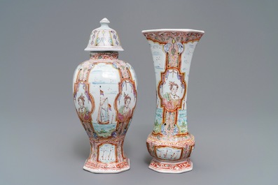 Two polychrome petit feu and gilded Dutch Delft vases with boats, 18th C.