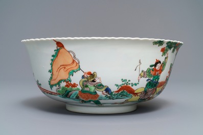 A large Chinese famille verte 'warriors' bowl, 19th C.
