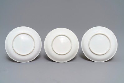 Three Chinese famille rose cups and saucers and a pair of salts, Qianlong and later