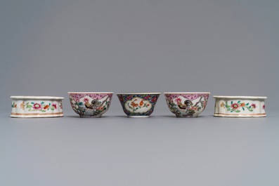 Three Chinese famille rose cups and saucers and a pair of salts, Qianlong and later