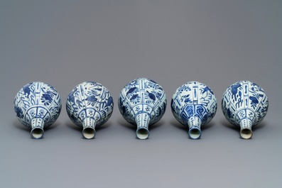 Five Chinese blue and white bottle vases, Wanli