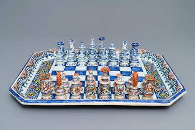 A French faience Rouen style chess board with pieces, Samson, Paris, 19th C.