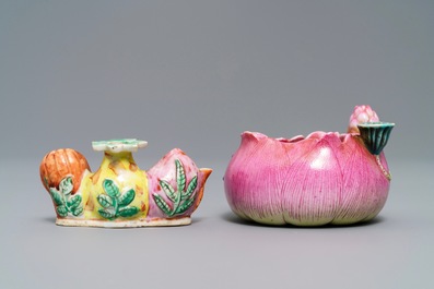 A Chinese famille rose flower-shaped brush washer and a brush rest, 19th C.