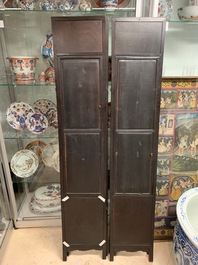 A Chinese mother-of-pearl inlaid wooden screen with silk paintings, 19th C.