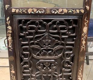 A Chinese mother-of-pearl inlaid wooden screen with silk paintings, 19th C.