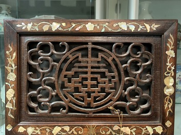 A Chinese mother-of-pearl inlaid wooden screen with silk paintings, 19th C.