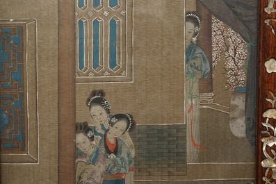 A Chinese mother-of-pearl inlaid wooden screen with silk paintings, 19th C.