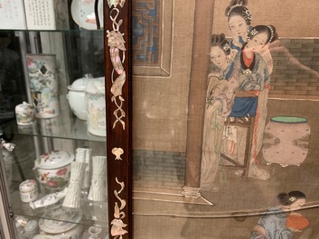 A Chinese mother-of-pearl inlaid wooden screen with silk paintings, 19th C.