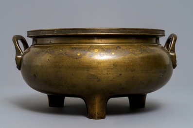 A large silver and brass-inlaid bronze incense burner, China or Vietnam, 19th C.