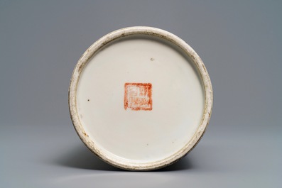 A cylindrical Chinese qianjiang cai hat stand, signed Wang Youtang, 20th C.