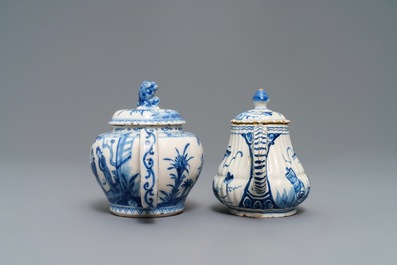 Two Dutch Delft blue and white chinoiserie teapots, 18th C.