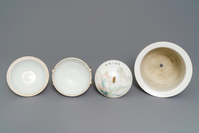 Un bol couvert sur piedouche et une jardini&egrave;re en porcelaine de Chine qianjiang cai, 19/20&egrave;me
