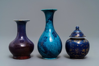 Three Chinese monochrome and flamb&eacute;-glazed vases, Kangxi and 19th C.