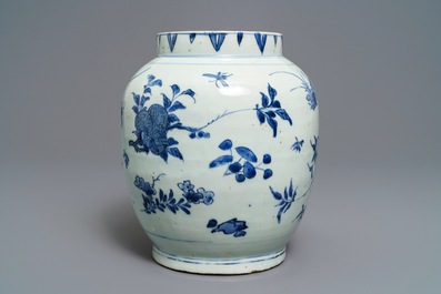 A Chinese blue and white jar with fruits and insects, Transitional period