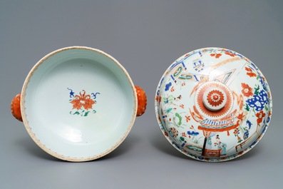 A round Chinese famille verte tureen and cover with ladies in a landscape, Yongzheng