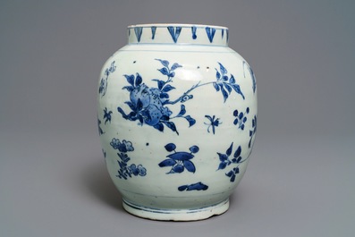 A Chinese blue and white jar with fruits and insects, Transitional period