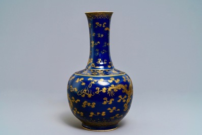 A Chinese powder blue and gilt 'dragon' vase, ca. 1900