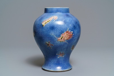 A Chinese powder blue and copper red 'dragon' vase, Kangxi mark, 19th C.