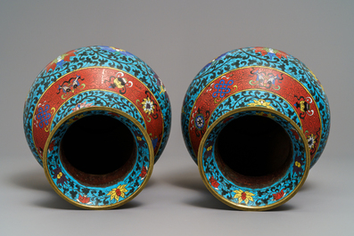 A pair of Chinese cloisonn&eacute; 'lotus scroll' hu vases, 18th C.