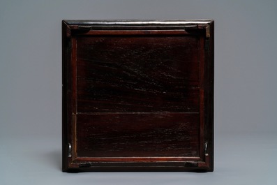 A Chinese soapstone embellished wooden box and cover, 19/20th C.