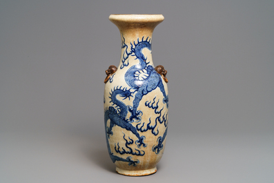 A Chinese blue and white crackle-glazed 'dragon' vase, 19th C.