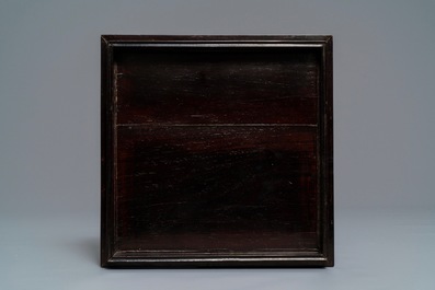 A Chinese soapstone embellished wooden box and cover, 19/20th C.