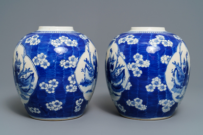 A pair of Chinese blue and white ginger jars, Kangxi mark, 19th C.