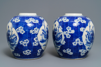 A pair of Chinese blue and white ginger jars, Kangxi mark, 19th C.