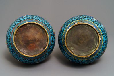 A pair of Chinese cloisonn&eacute; 'lotus scroll' hu vases, 18th C.