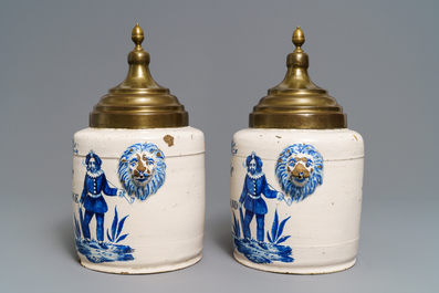 A pair of blue and white Brussels faience tobacco jars, late 18th C.