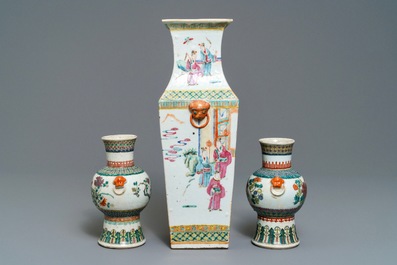A Chinese famille rose square vase and a pair of famille verte hu vases, 19th C.