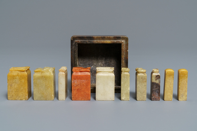 A collection of 38 Chinese soapstone calligraphy or artist's seals, 19/20th C.